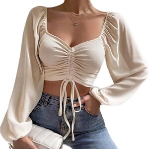 Plus Drawstring Front Lantern Sleeve Crop Top  1XL 14